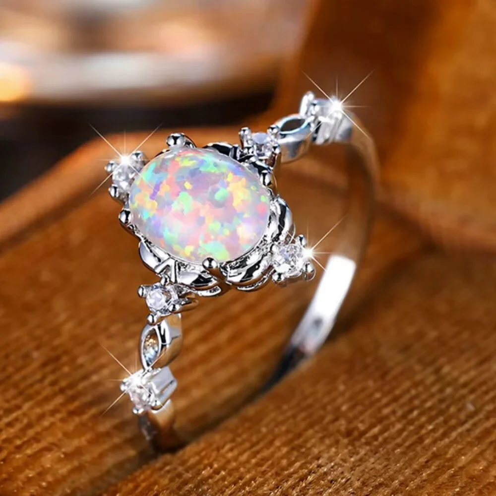 NEW 14k White Gold White Fire Opal Diamond Ring Band_3